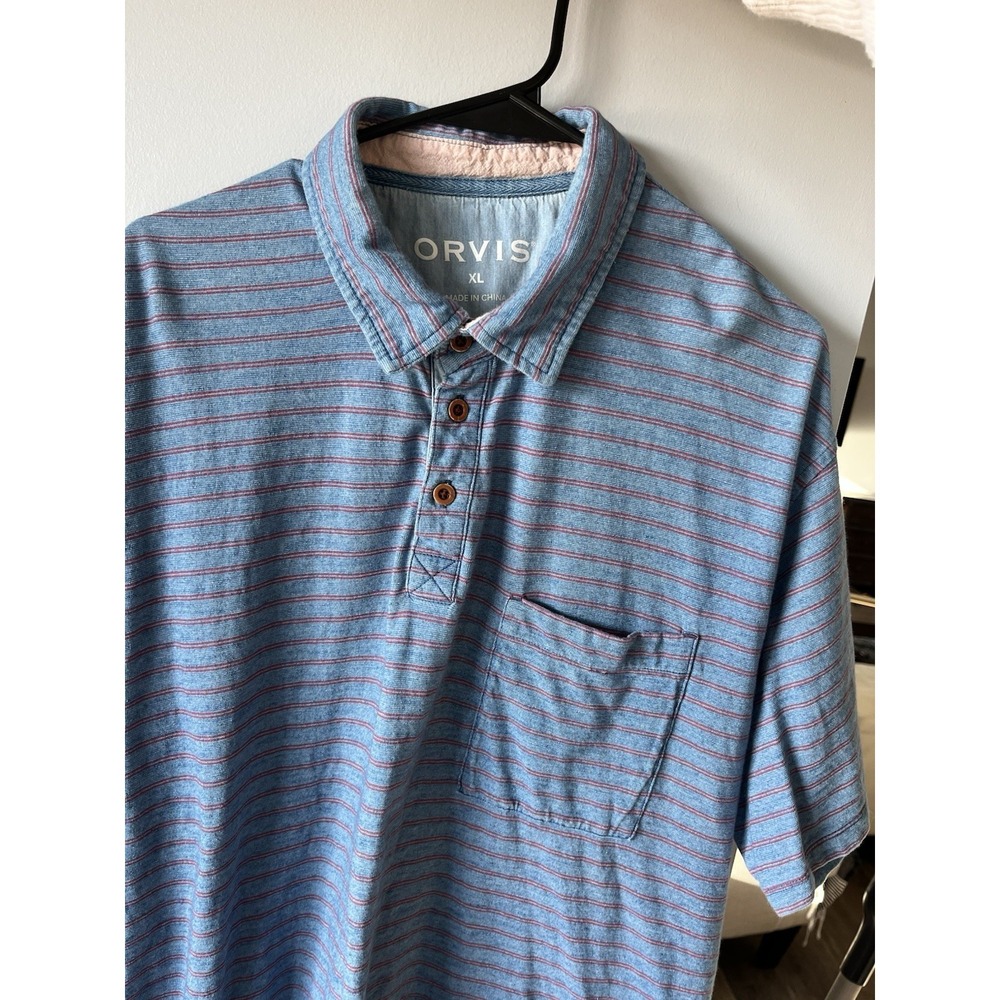 Orvis Mens Stripe Short Sleeve Pocket Polo Shirt Blue Red XL‎ Pique Luxe XL